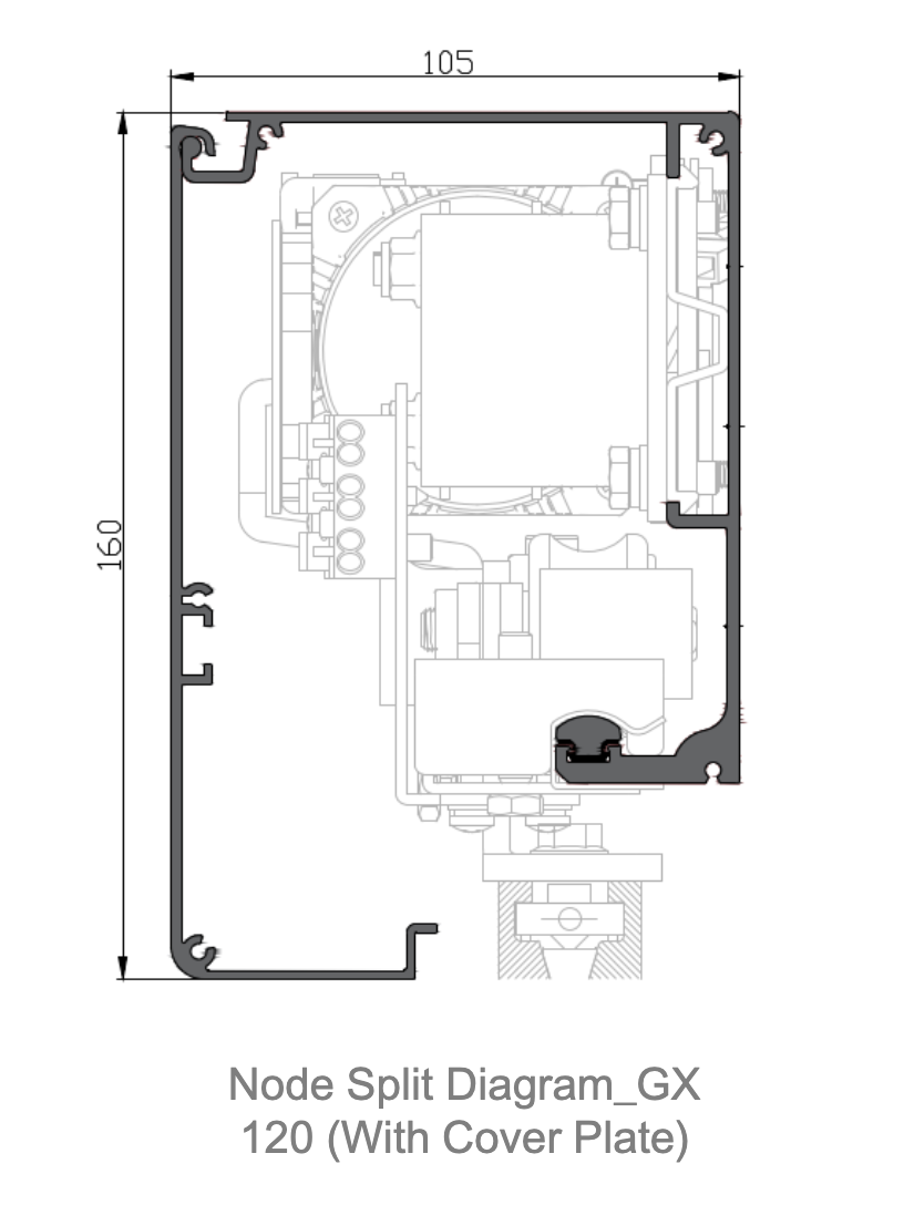 Diagram dimensi GEZE GX 120 dengan cover plate